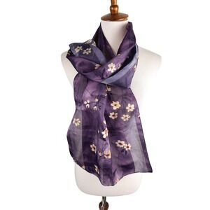 Vintage Sheer Purple Silk Floral Scarf Rectangle Lightweight Plum Sakura Cherry